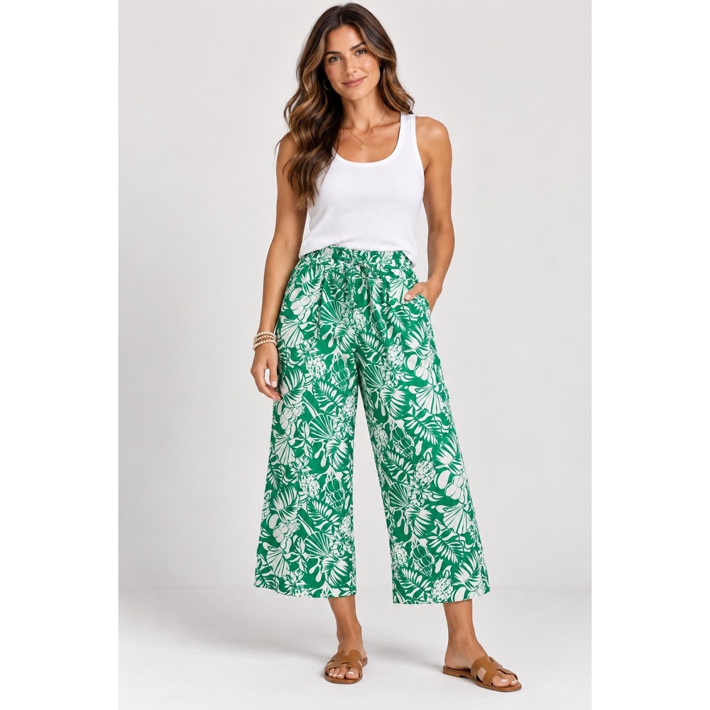 Nicole Miller New York Linen Tropical Print Pants Green Boho Coastal Chic L